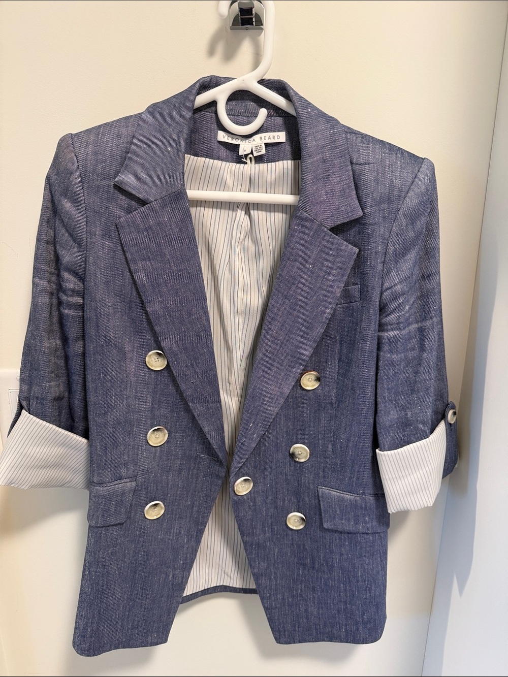 Veronica Beard Double-Breasted Blue-Linen Blend Blazer